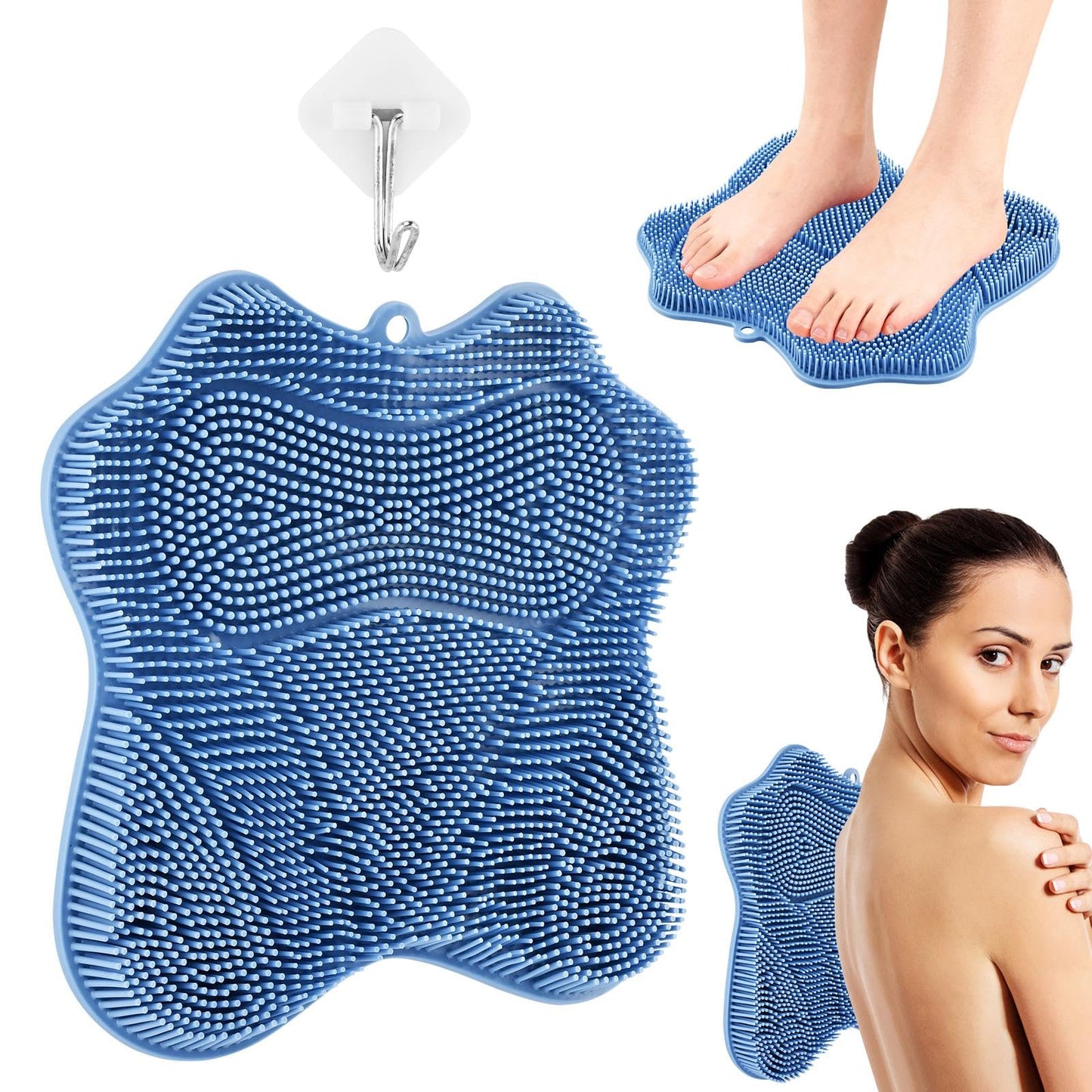 Shower Foot Scrubber Mat with Non-Slip Suction Cups & Hook,to Wall Mounted Back Scrubber Brush Mat,3 Type Brush Designs,for Deep Cleaning Shower Back Or Foot Exfoliating Massage