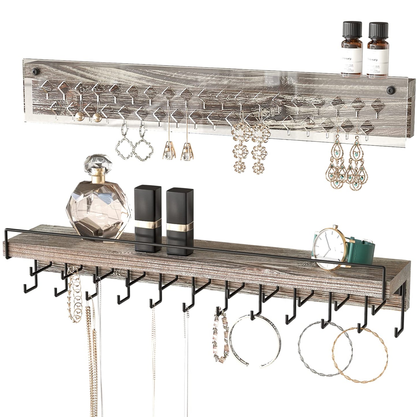 J JACKCUBE DESIGN Wall Mount Necklace Holder Jewelry Hanger with 23 Hook Necklace & Bracelet Racks, Rustic Farmhouse Wood Earring Display with Clear Acrylic - MK585A
