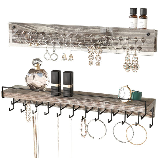 J JACKCUBE DESIGN Wall Mount Necklace Holder Jewelry Hanger with 23 Hook Necklace & Bracelet Racks, Rustic Farmhouse Wood Earring Display with Clear Acrylic - MK585A
