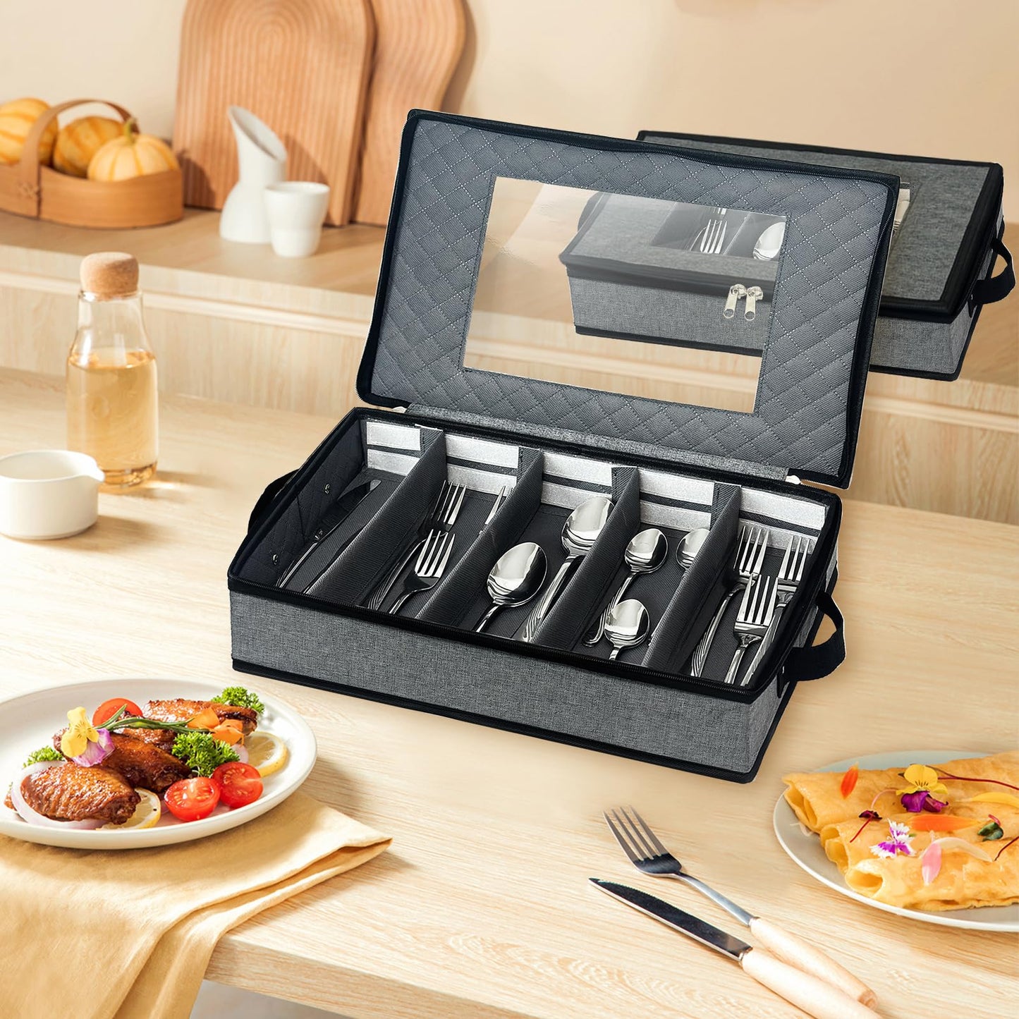 VERONLY 2 Pack Flatware Utensil Storage - Sturdy Silverware Storage Box with Dividers, 5 Compartment Flatware Storage Case with Handles and Removable Lid for Moving&Protected(Dark Gray)