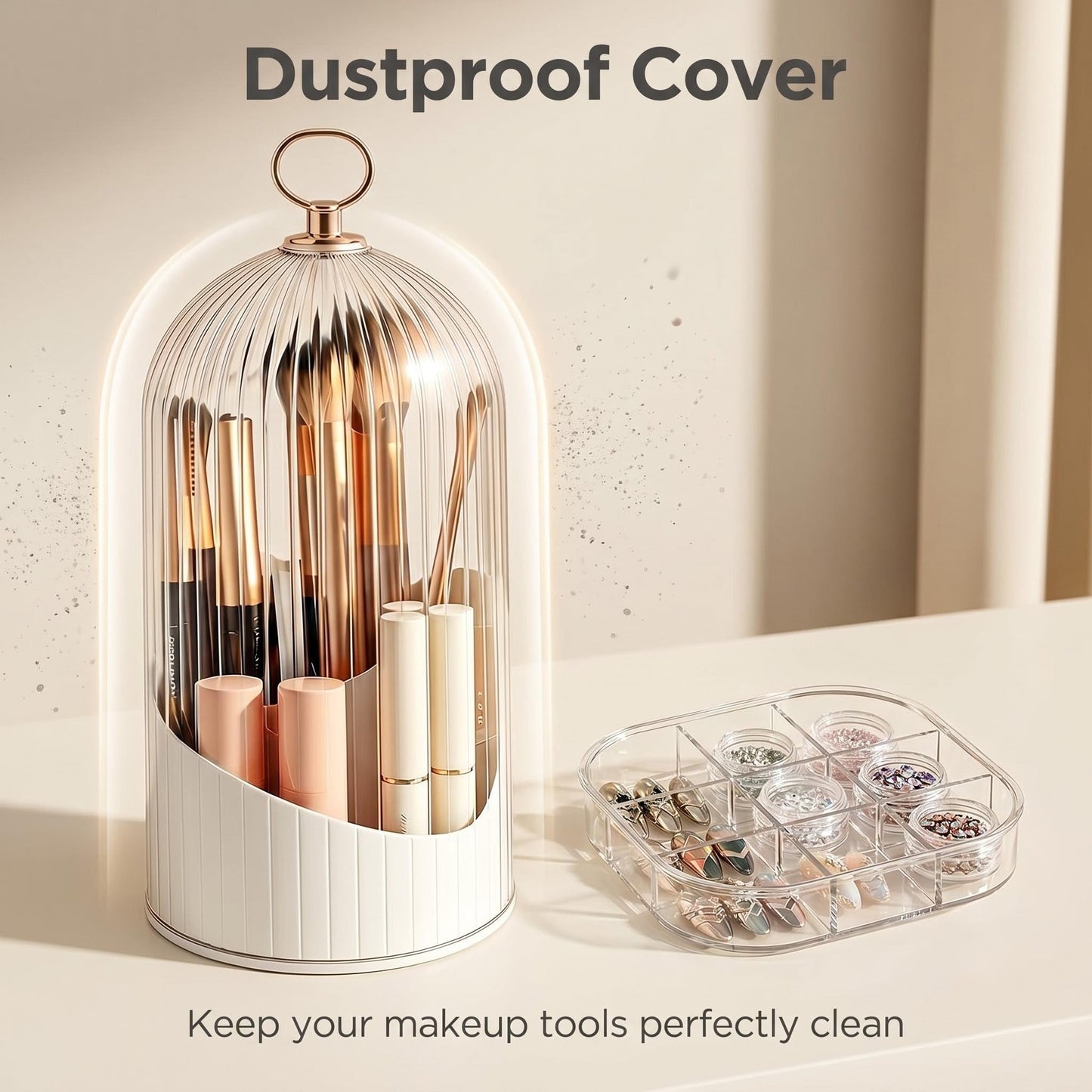 Bazhahei 3IN1 Dustproof Rotating Makeup Organizer with Birdcage Lid, 360° Spin Makeup Brush & Lipstick Storage Holder for Vanity Dresser: Ideal for Press-On Nails & Tiny Jewelry