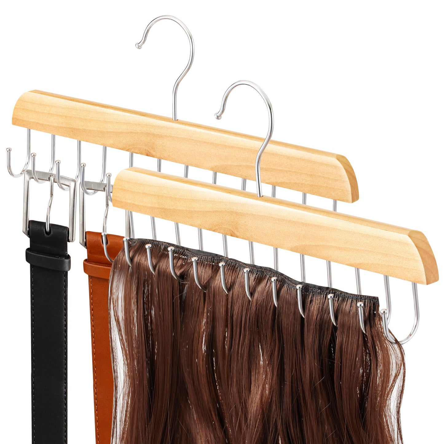 【2 Pack】 Wood Hair Extension Holder for Hair Storing, Washing, Drying, Coloring, Styling, Foldable Hair Extension Hanger, Braiding Hair Rack, Rotating Multi-Purpose Hooks Hanger