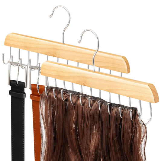 【2 Pack】 Wood Hair Extension Holder for Hair Storing, Washing, Drying, Coloring, Styling, Foldable Hair Extension Hanger, Braiding Hair Rack, Rotating Multi-Purpose Hooks Hanger