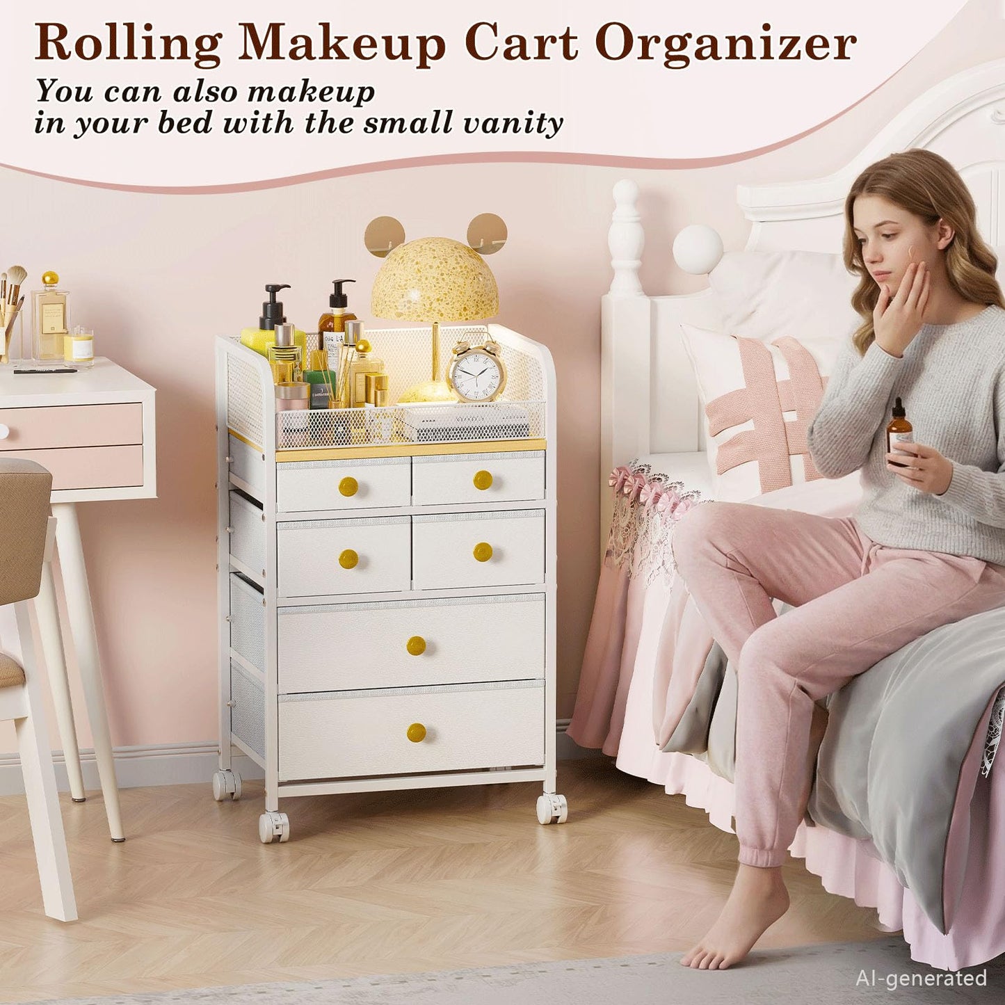 Uiithokyia Rolling Makeup Cart Organizer with 6 Drawers, Makeup Storage with Wheels, Floor Skincare Organizers Vanity Storage Organizer Cosmetics Display Cases for Skin Care Perfume Nail Polish, White