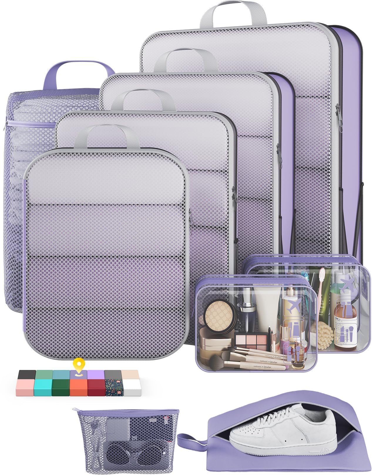 Veken 9/11 Set Compression Packing Cubes for Travel Essentials,Compressible Expandable Large Luggage Suitcase Organizer Bags for Clothing,Space Saver Bags with Over 1000 pcs of Mesh Holes(Purple Gray)