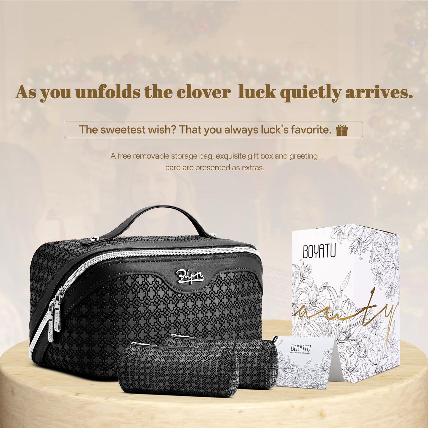 BOYATU Travel Makeup Bag for Women: Four Leaf Clover Large Capacity 3 Pcs Set Cosmetic Bags - Waterproof 50% Extra Space for Toiletry Organizer - Travel Essentials for Fortunate (06 Black)