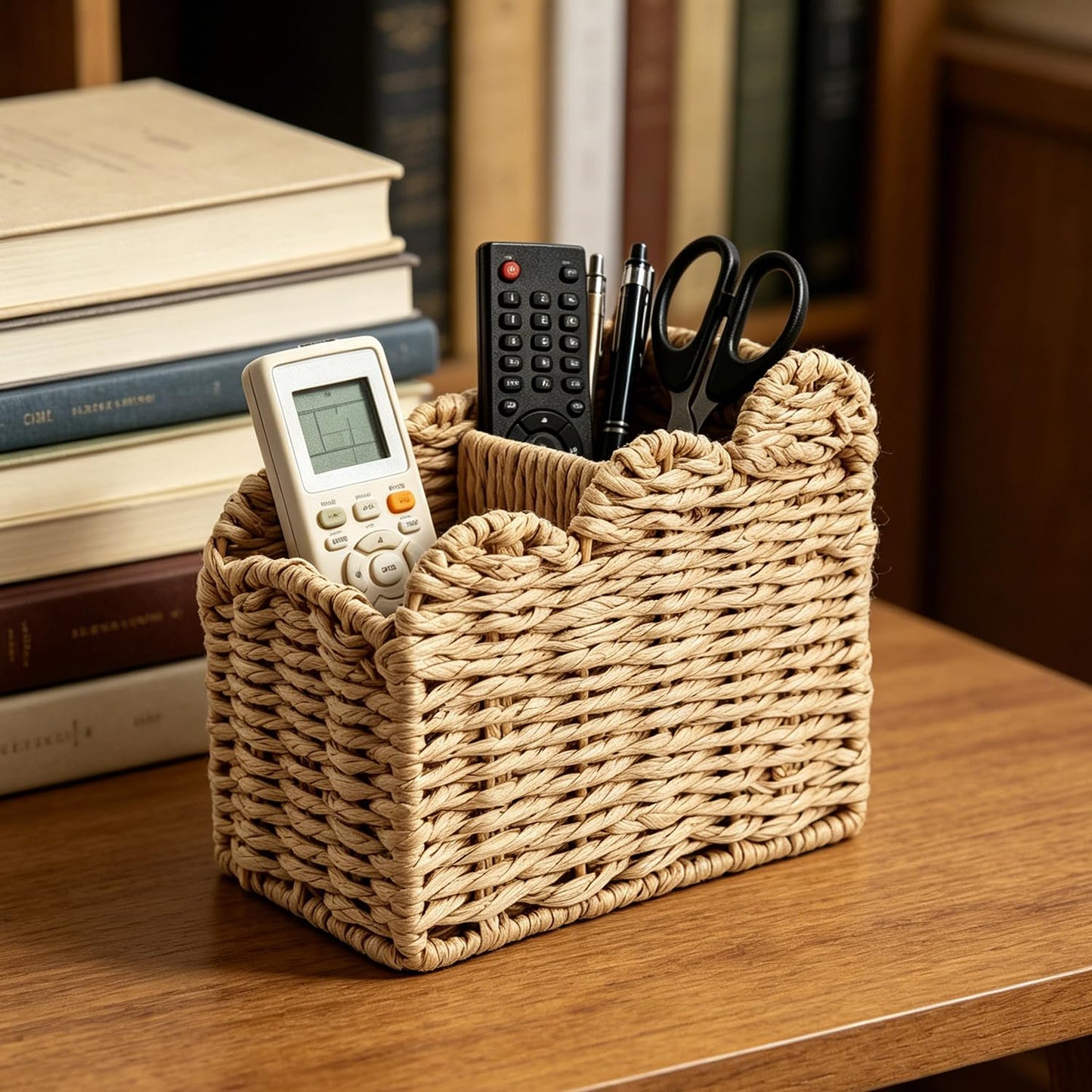 Obantrsz Remote Control Holder, 2-Slot Paper Rope Woven Desk Organizer Caddy with Scalloped Edge – 5.7" x 3.7" x 5.5" Beige Bedside Storage for Pens, Makeup Brushes, Living Room & Office Decor