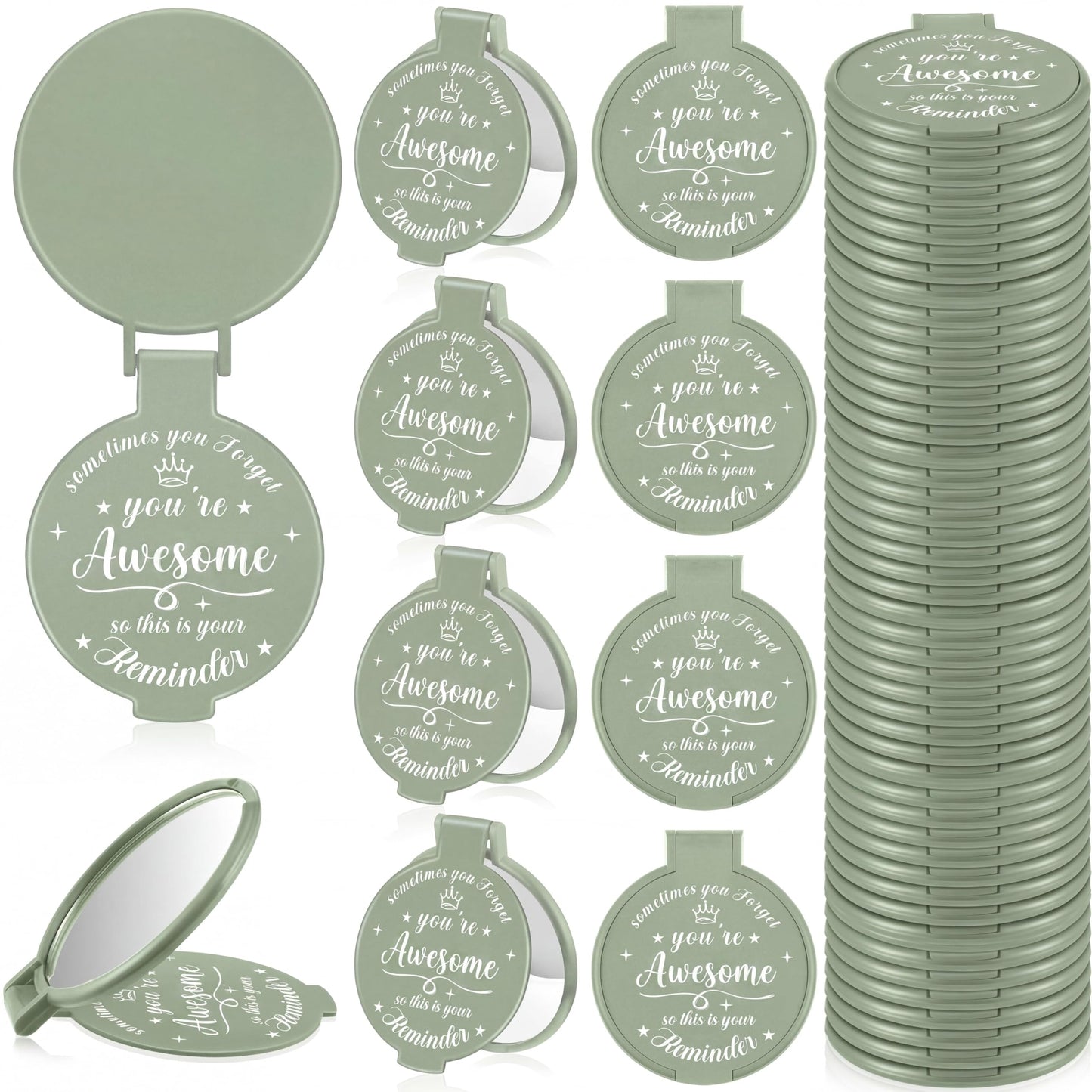 Gulfmew 36 Pcs 2.76 Inch Inspirational Compact Mirror Bulk Women Small Gifts Graduation Mothers Day Party Favors Purse Mirror Pocket Mini Items for Adult Coworker Cheerleader Swag Bag (Sage Green)