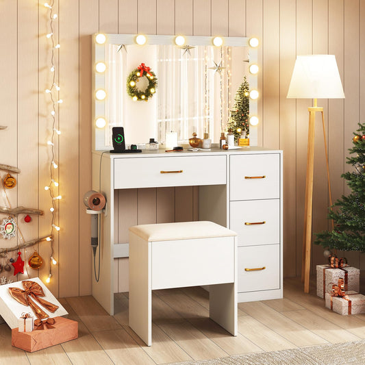 CHEFJOY Vanity Desk with Mirror and Lights, Dressing Table with Storage Stool, 4 Drawers, Charging Station, Hair Dryer Stand, 3 Color Lighting, Modern Makeup Vanity for Bedroom, Living Room, White