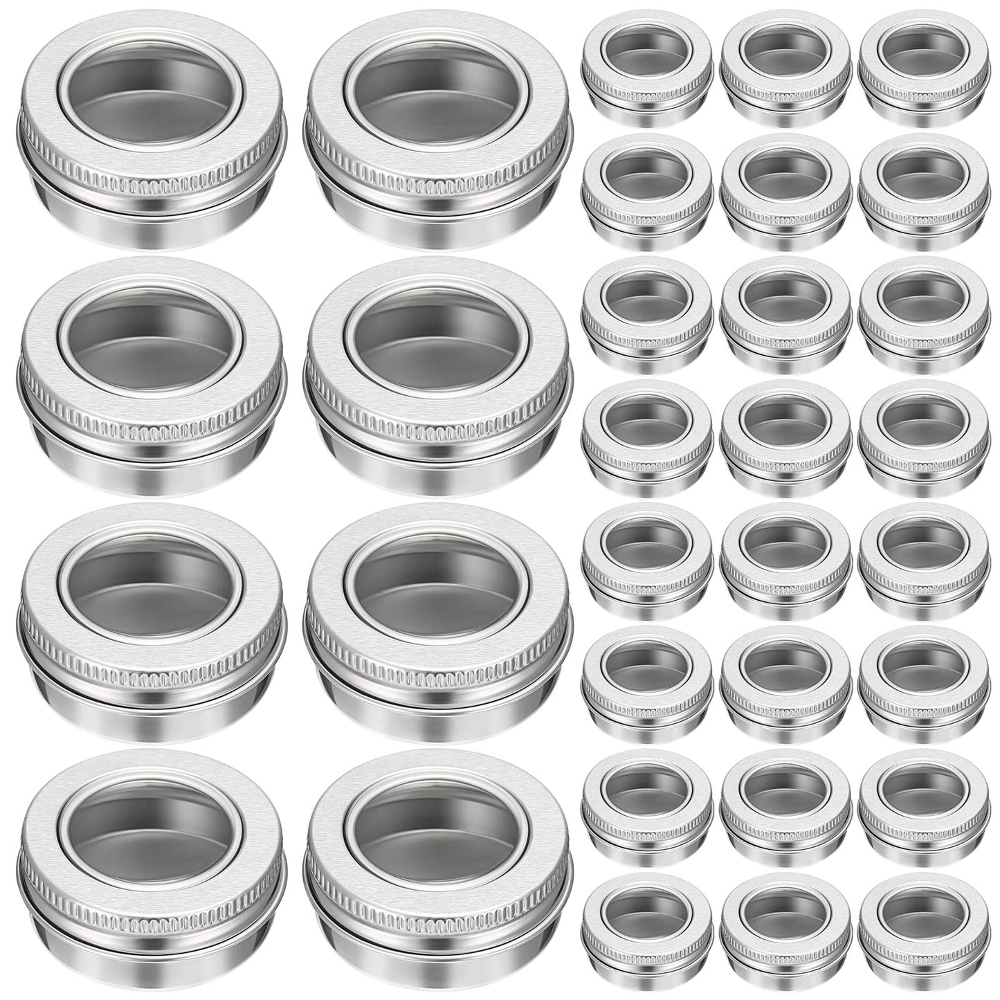 Zubebe 100 Pcs Aluminum Tin Jar Refillable Containers Clear Top Screw Lid Round Tin Container Bottle for Cosmetic, Cream, Diamond Painting, Salves, Balms, Lip Balm, Spices or Others, Silver (1 oz)