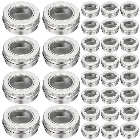 Zubebe 100 Pcs Aluminum Tin Jar Refillable Containers Clear Top Screw Lid Round Tin Container Bottle for Cosmetic, Cream, Diamond Painting, Salves, Balms, Lip Balm, Spices or Others, Silver (1 oz)