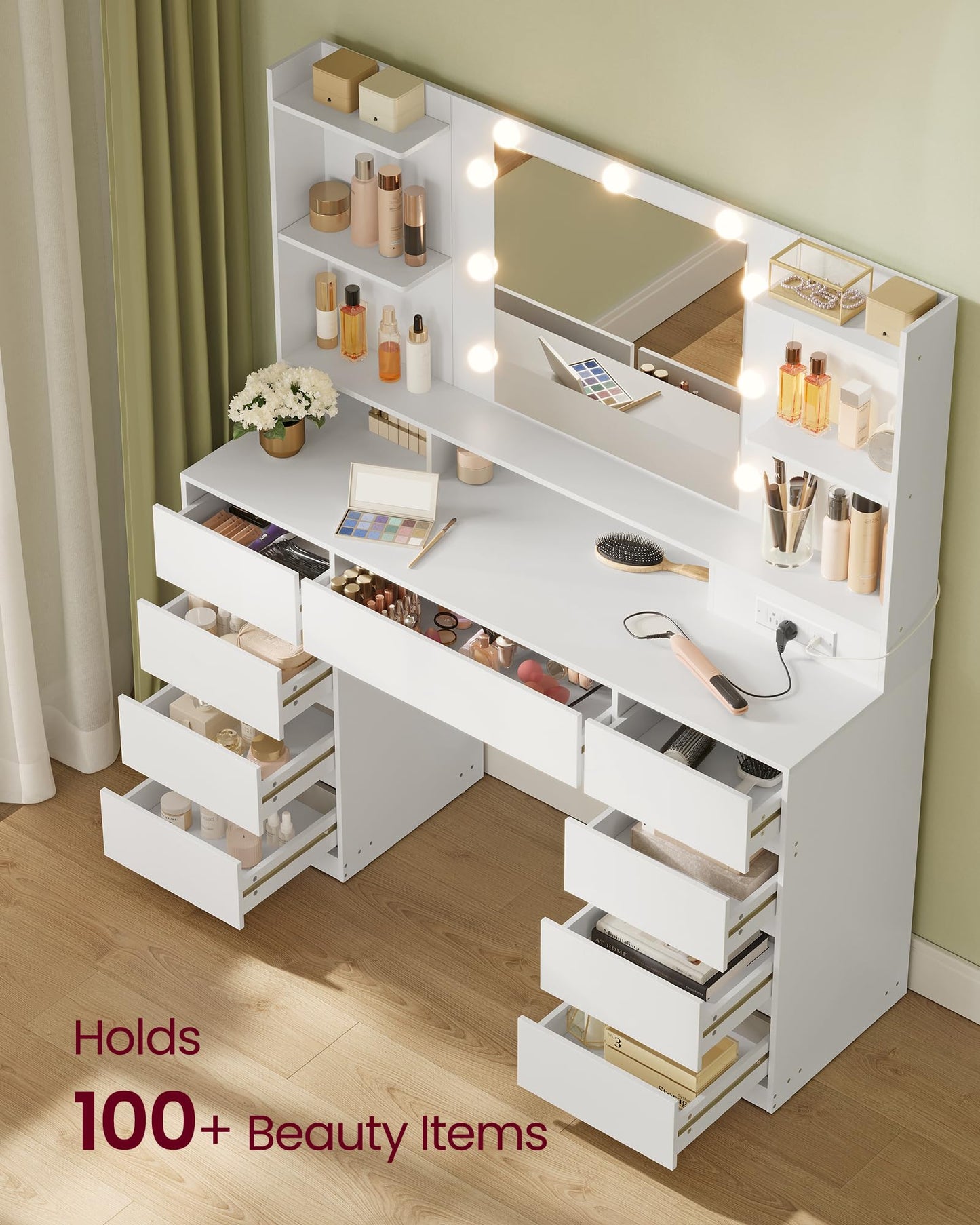 VASAGLE KAILYN Collection - Vanity Desk with Mirror and 9 LED Bulbs, Modern Vanity Makeup Table with Power Outlets, Dressing Table with 9 Drawers, for Bedroom, Cloud White URDT141WB01S