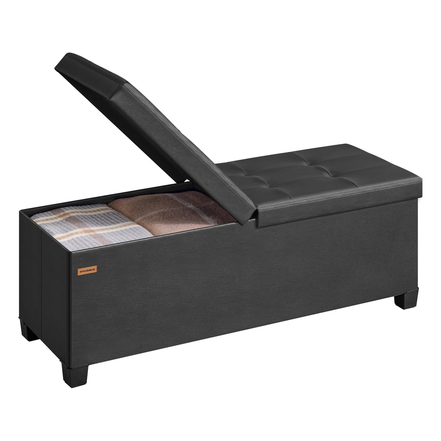 SONGMICS Storage Ottoman Bench with Legs, Folding Ottoman Foot Rest with Flipping Lid, Bench with Storage, for Living Room, Bedroom, Entryway, Synthetic Leather, 43.3 Inches, Ink Black ULSF085BH01