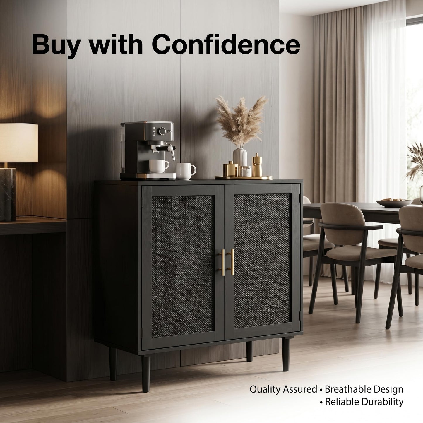 Finnhomy Sideboard Buffet Kitchen Storage Cabinet with Black Painted Rattan Decorated Doors, Dining Room, Hallway, Cupboard Console Table, Liquor/Accent Cabinet, 31.5X 15.8X 34.6 Inches, Black