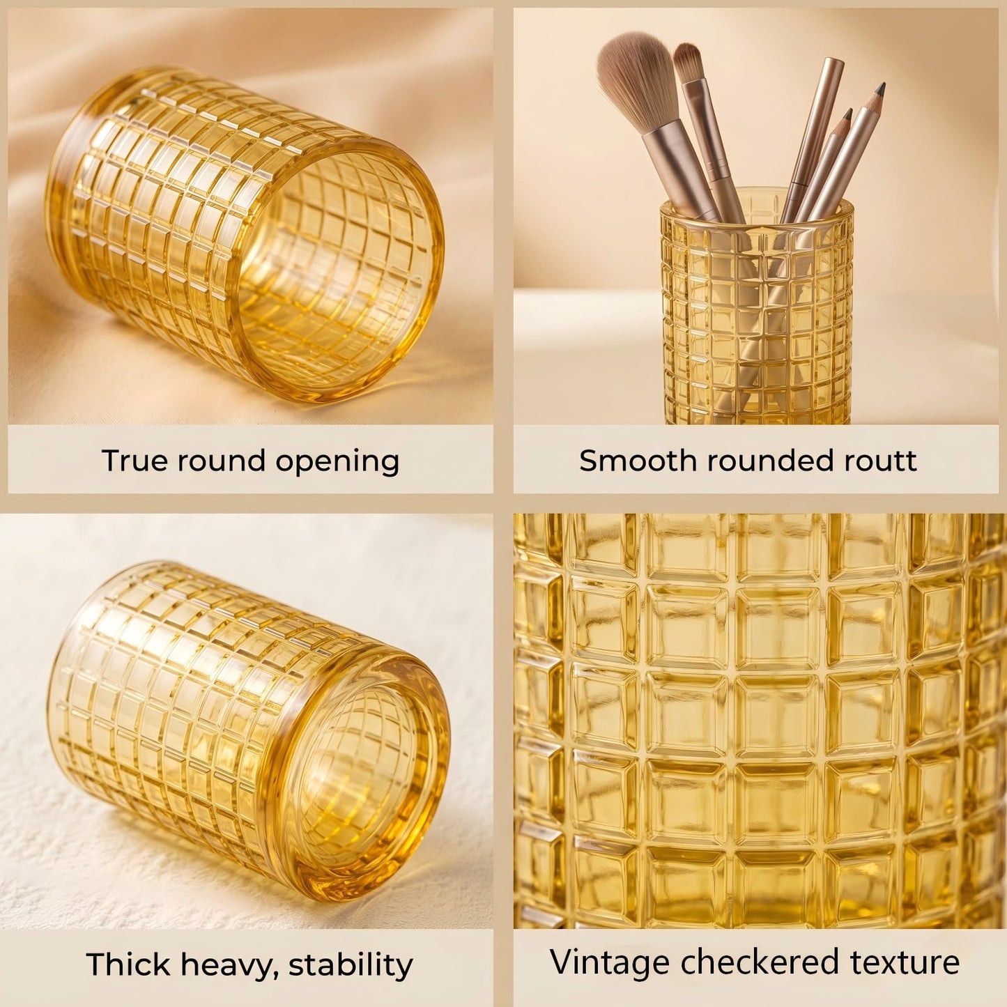 Makeup Brush Holder Organizer, Grid Pattern Glass Storage Box Container, Multifunctional Toothbrush Desk Pen Pencil Holder for Crystal Home Decor, Table Centerpiece, Wedding, Party(Gold 2 Pack)