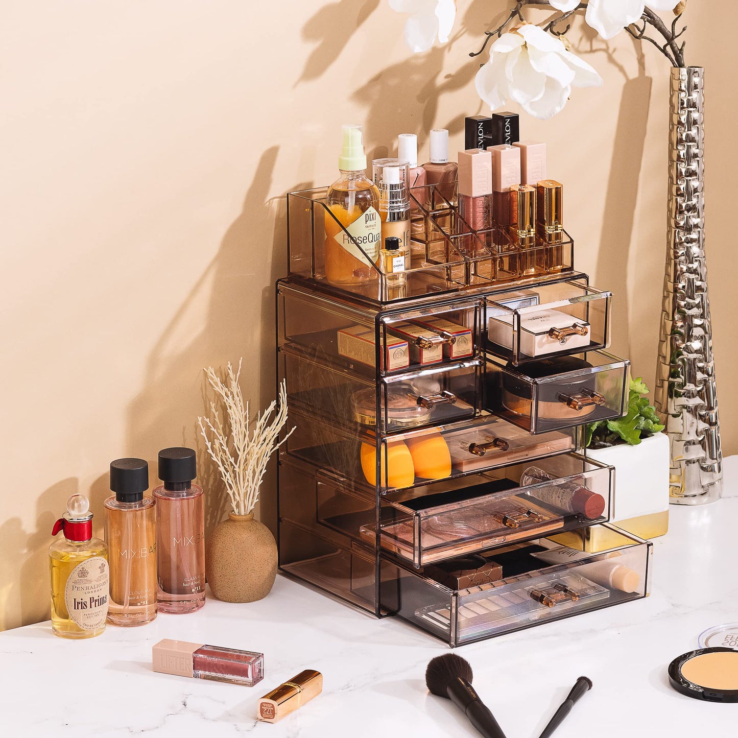 Sorbus Acrylic Makeup Organizer Set, 7-Drawer Vanity & Countertop Cosmetic Storage with Small & Wide Compartments, Bronze Glow Makeup Storage for Brushes, Jewelry – Holiday Gift for Women & Teens