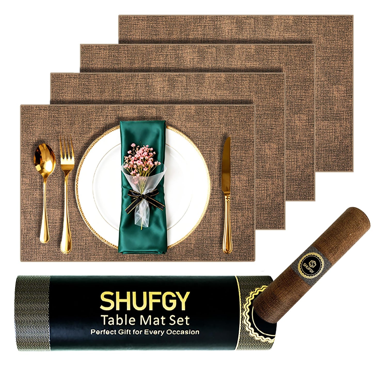 SHUFGY Faux Leather Placemats Set of 6, 11.8"x17.7" Reversible Table Mats - Waterproof, Stain & Heat Resistant, Easy Clean for Dining, Gatherings, Outdoor (Brown)