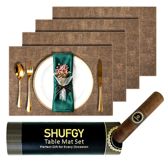 SHUFGY Faux Leather Placemats Set of 6, 11.8"x17.7" Reversible Table Mats - Waterproof, Stain & Heat Resistant, Easy Clean for Dining, Gatherings, Outdoor (Brown)