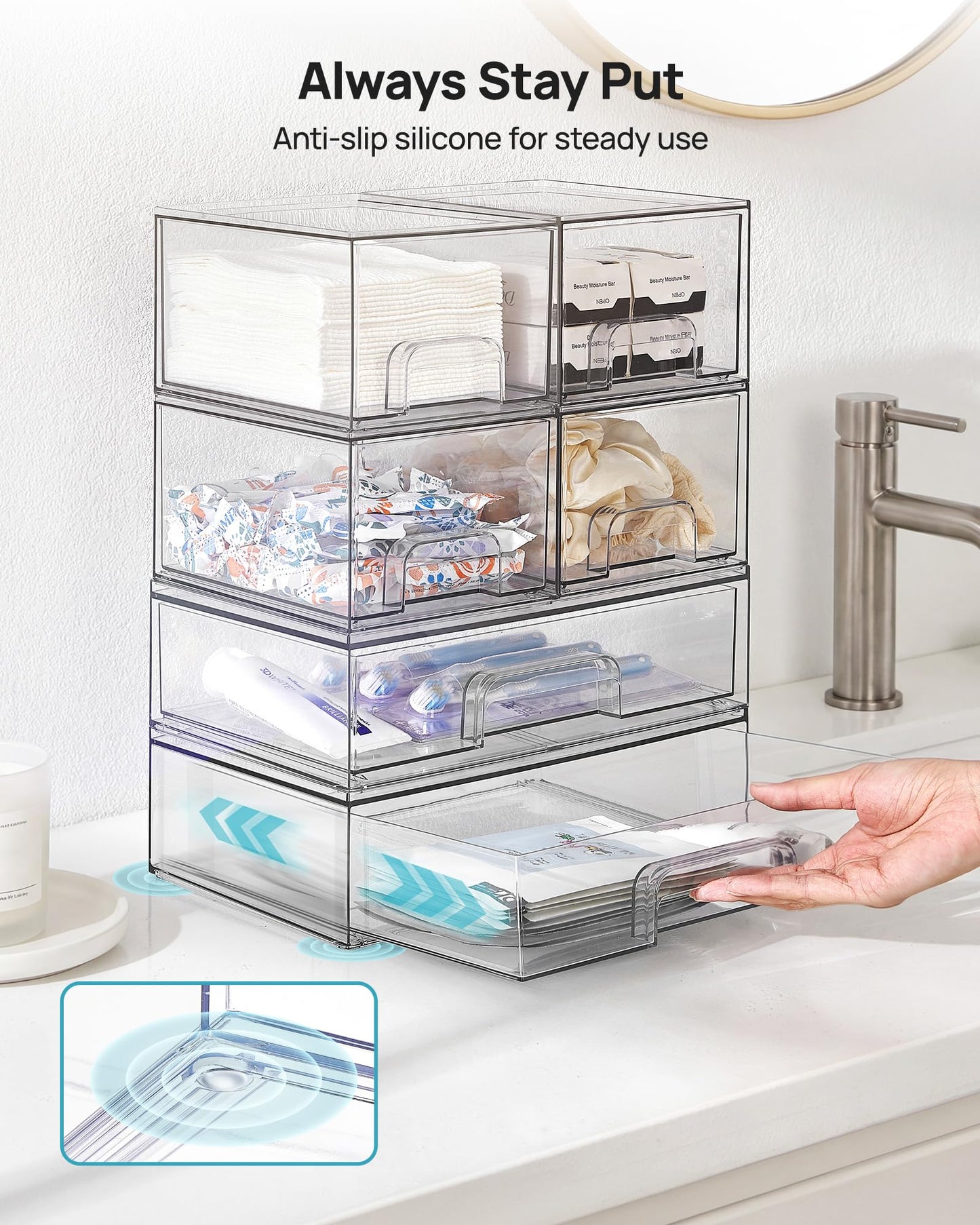 Vtopmart Stackable Storage Drawers Set of 6, Clear Plastic Organizer Bins for Bathroom Supplies, Ideal for Cabinet,Shelf, Pantry, Laundry Room Organization