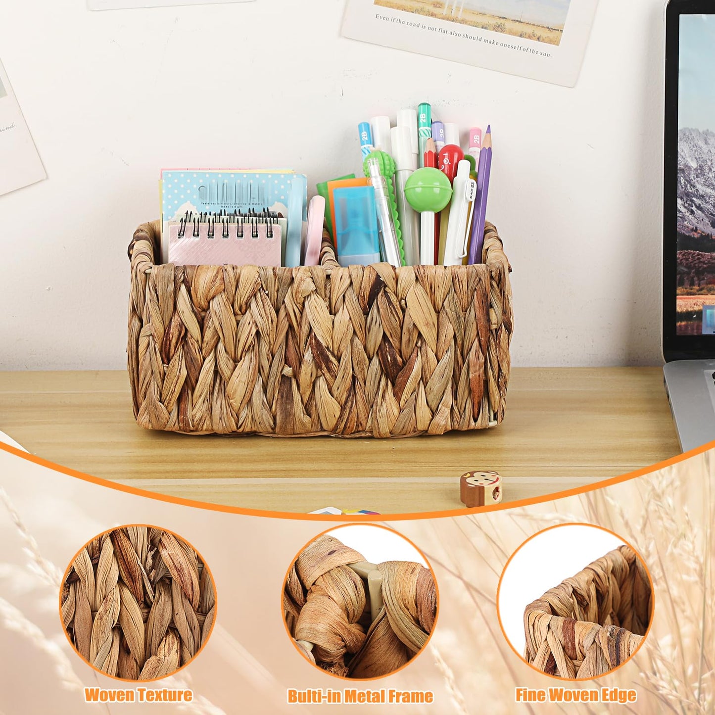 BTSKY Handwoven Remote Control Holder for Table, Natural Water Hyacinth Remote Organizer Caddy Small Wicker Storage Basket, 2-Compartment Office Supplies Desk Organizer Rustic Makeup Brushes Holder