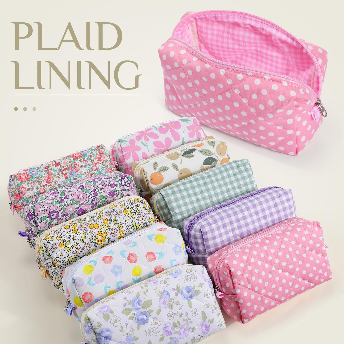 Paterr 10 Pcs Quilted Makeup Bag Bulk Cotton Floral Cosmetic Bag Women Girls Bridesmaid Gifts Cute Makeup Pouch Coquette Aesthetic Travel Toiletry Organizer(Gingham Floral,7.87 x 4.72 x 3.15 Inches)