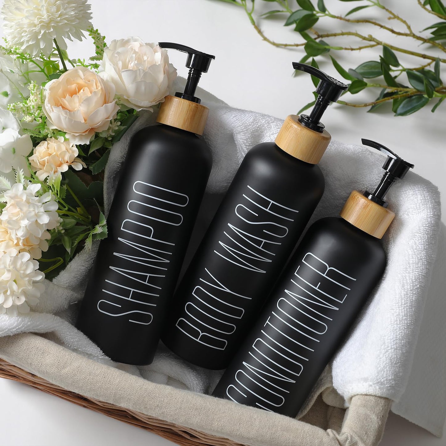 HOMCDALY 16oz 3-Pack Refillable Black Bathroom Shower Set - Empty Bottles with Pump for Shampoo, Conditioner, or Body Wash