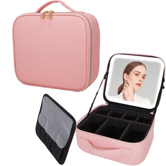 VNIMTI Travel Makeup Bag with LED Mirror, Makeup Train Case for Women, Portable Cosmetic Bag with Brush Organizer Storage Box Vanity Case, Adjustable Divider, 3 Color Brightness, Pink