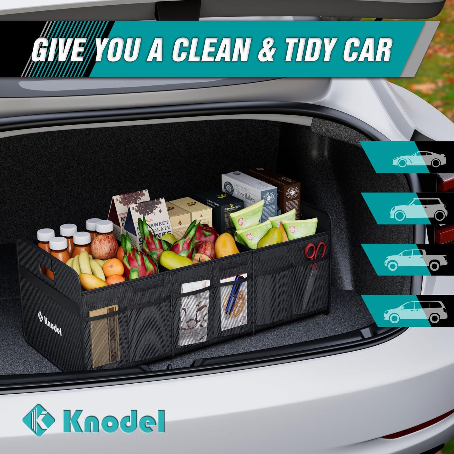 K KNODEL Car Trunk Organizer, Foldable Organizer for Car, Automotive Consoles & Organizers, 3 Compartments Storage with Reinforced Handles (Large, Black)
