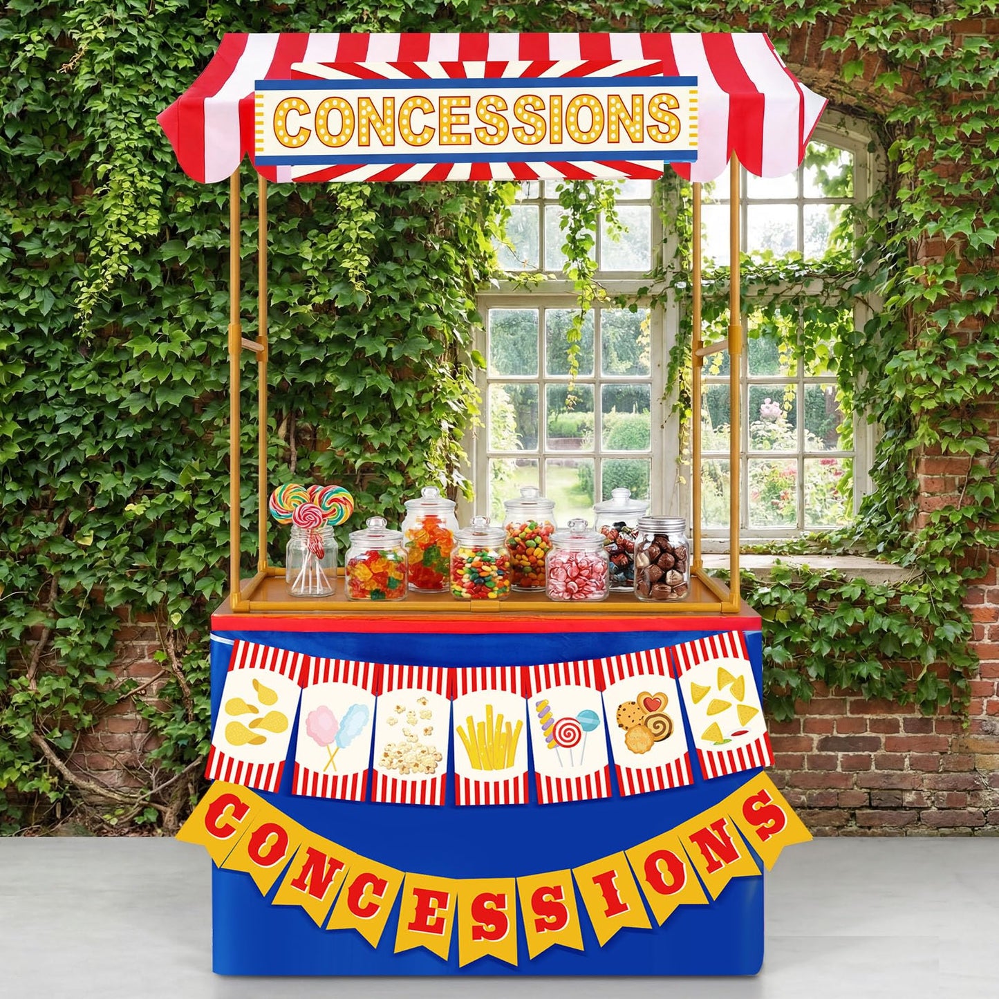 Tioncy 6 Pcs Concessions Stand Kits Hut Decor (Without Table) Include Shelf Banner Roof Pennant Table Skirt for Photo Props Outdoor Themed Party Decor (Desk Is Not Included)