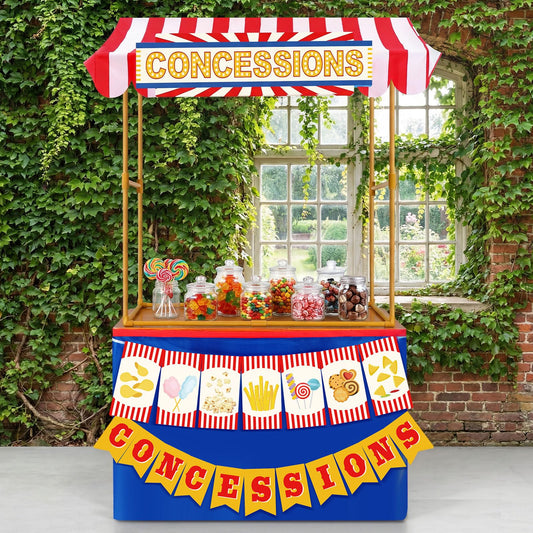 Tioncy 6 Pcs Concessions Stand Kits Hut Decor (Without Table) Include Shelf Banner Roof Pennant Table Skirt for Photo Props Outdoor Themed Party Decor (Desk Is Not Included)