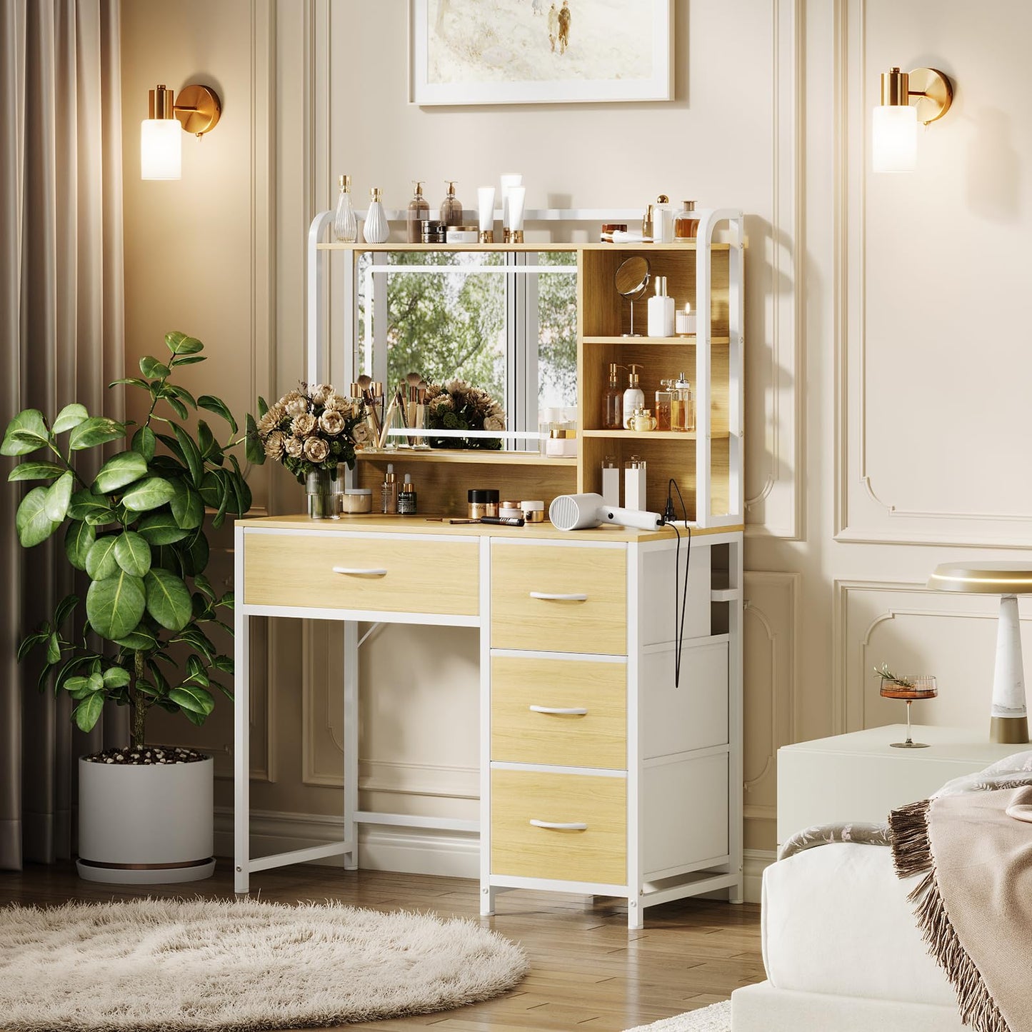 GarveeHome Vanity Desk with Mirror, 35.4” Makeup Vanity Table with Shelves, 4 Fabric Drawers Storage, Modern Dressing Table for Bedroom, Gift for Women
