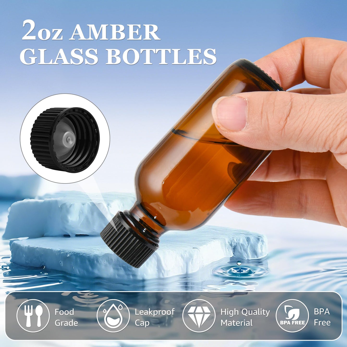 ZBCCEOB 2 oz Small Glass Bottles with Lids Boston Round Shot Bottles for Health,Immunity, Ginger Juice, Essential Oils, Leak Proof Mini Travel Containers (Amber, 24Pack)
