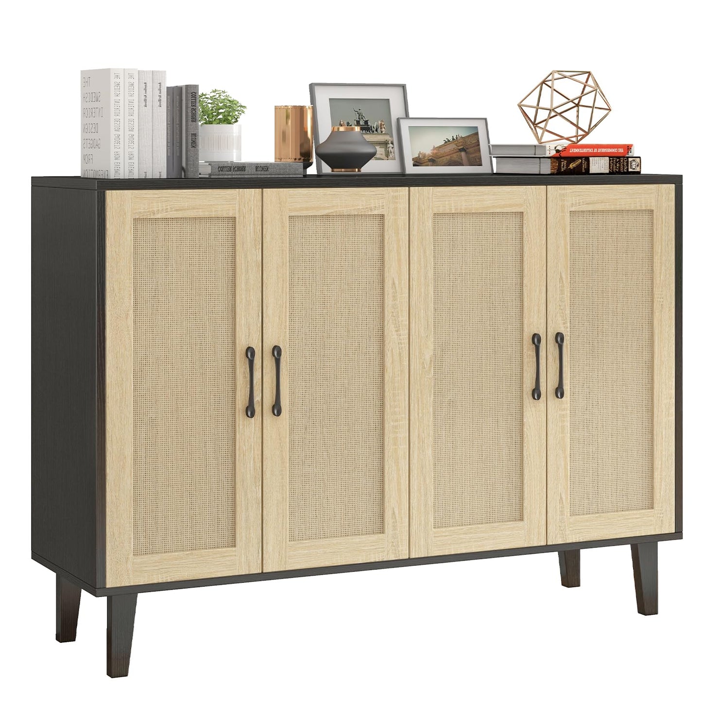 Panana Buffet Storage Cabinet with Rattan Decorating 4 Doors Living Room Kitchen Sideboard 48.43 x 34.65 x 15 inch (Black)