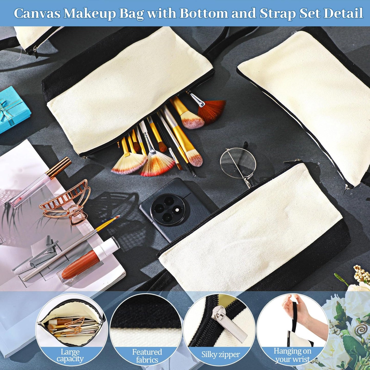 Silkfly 48 Pcs Cotton Canvas Makeup Bags Cosmetic Zipper Bags 10.2 x 5.5 x 2'' Blank DIY Pouch Bulk Pencil Case with Bottom Travel Toiletry Pouch for Women Craft Decor Gift (Beige and Black)