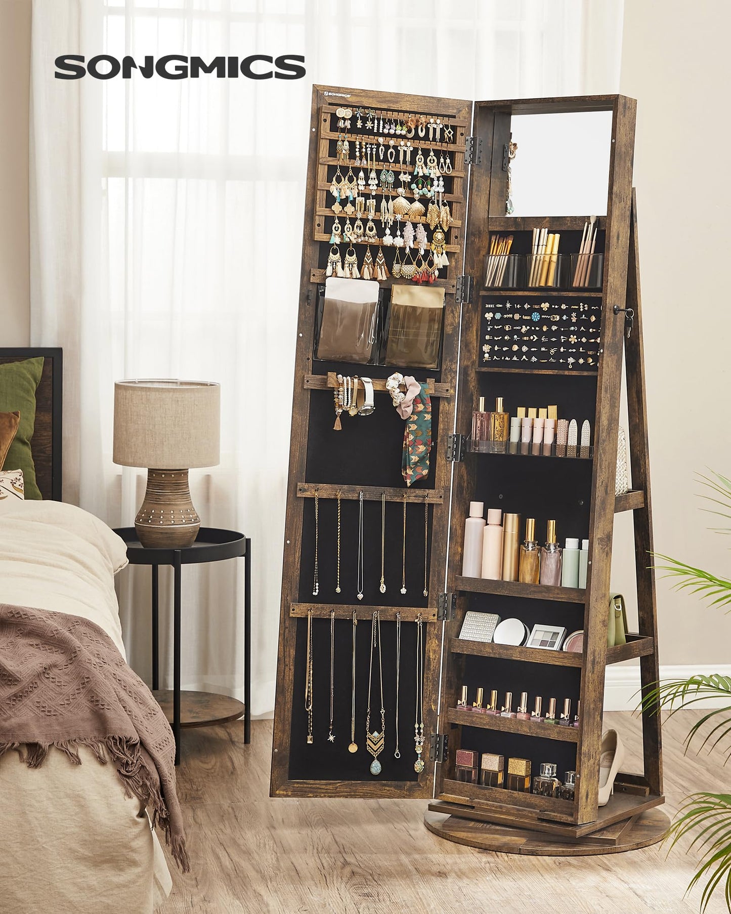 SONGMICS 360° Swivel Jewelry Cabinet, Lockable Jewelry Organizer with Full-Length Mirror, Rear Storage Shelves, Interior Mirror, Jewelry Armoire, Gift Idea, Rustic Brown UJJC006X01