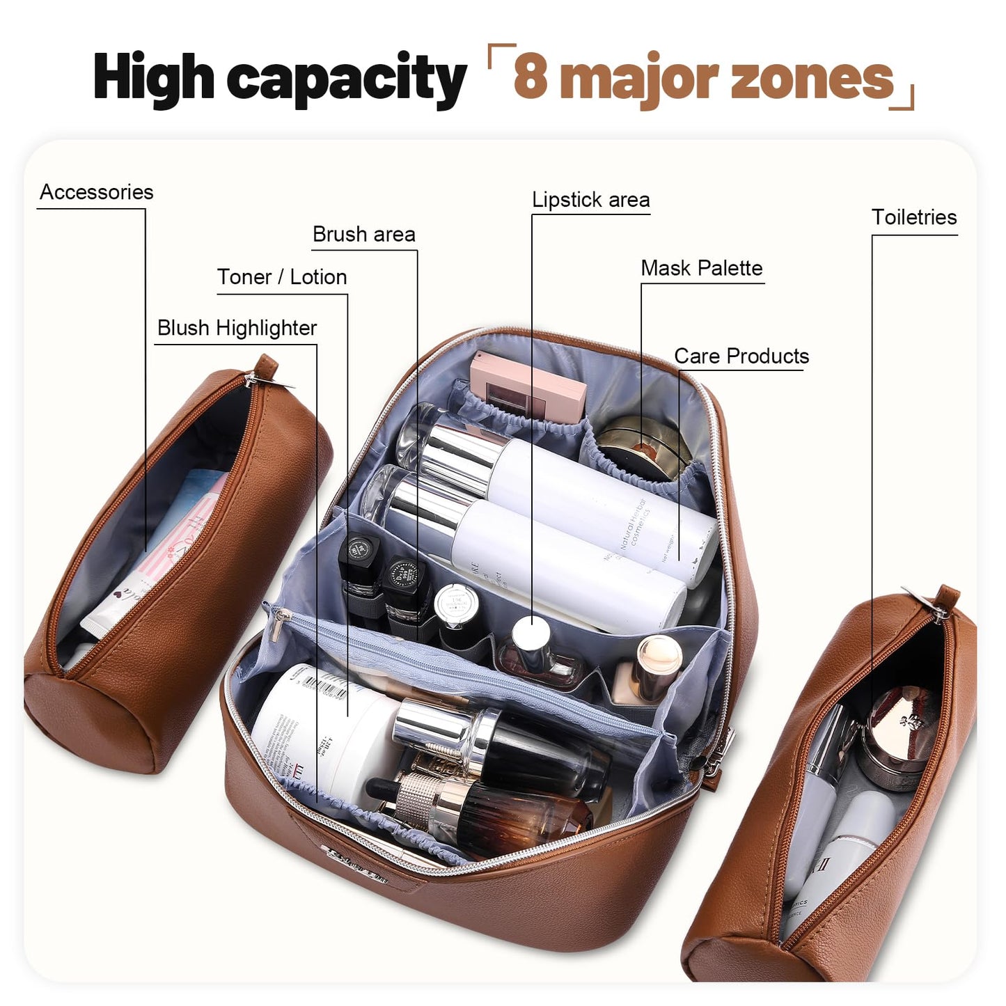 BOYATU Travel Makeup Bag Cosmetic Bags for Women: Large Capacity 3 Pcs Set Make up Bag with Compartments - Waterproof Vegan Leather Toiletry Organizer Bags with Handle (L25Brown)