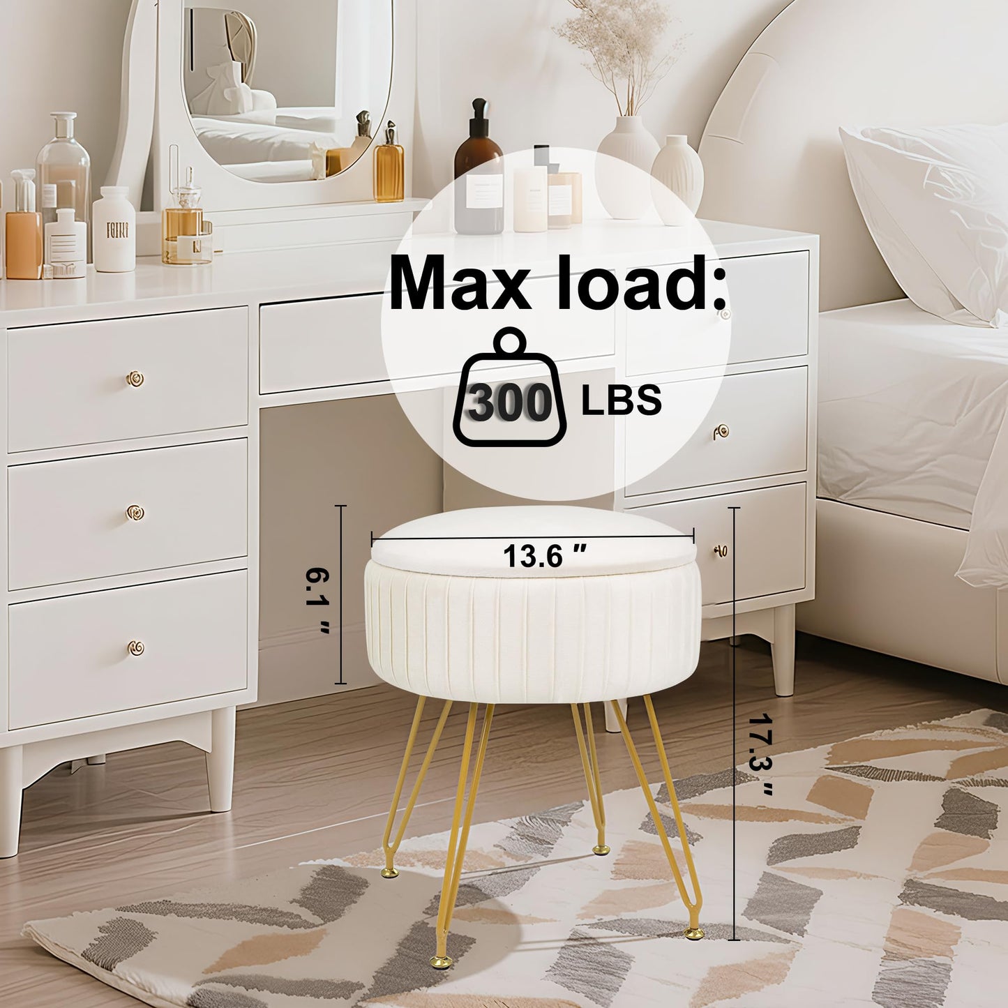 xupersodys Round Vanity Stool with Storage Ottoman,Vanity Chair for Makeup Room with Removable Cover, Small Footrest Ottoman for Home, Living Room, Bedroom (Beige)