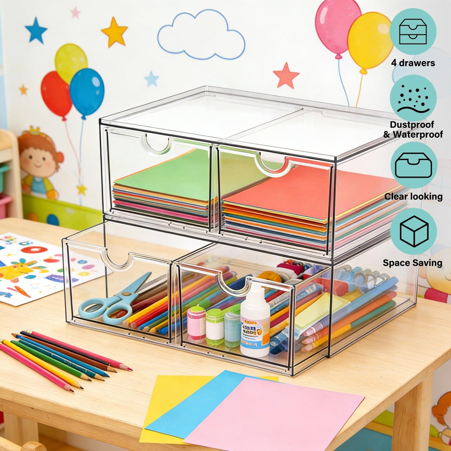 Prsildan Stackable Clear Makeup Organizer, 2 Pack Acrylic Storage Drawers with 4 Drawers for Vanity Bathroom Office Desk Modular Drawer System for Cosmetics Jewelry Toiletries Home Organization