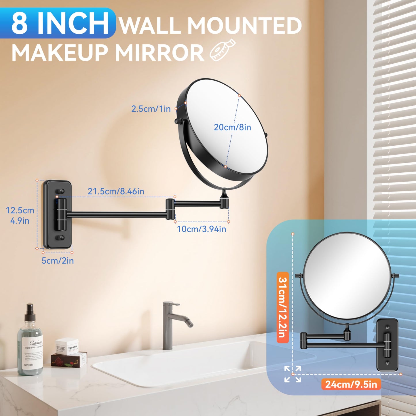Auxmir 1X/30X Wall Mounted Makeup Mirror, Double Sided Magnifying Mirror with Tweezers, Bathroom Makeup Mirror, Cosmetic Vanity Mirror with 360 Rotation Extendable Swivel Arm, Black