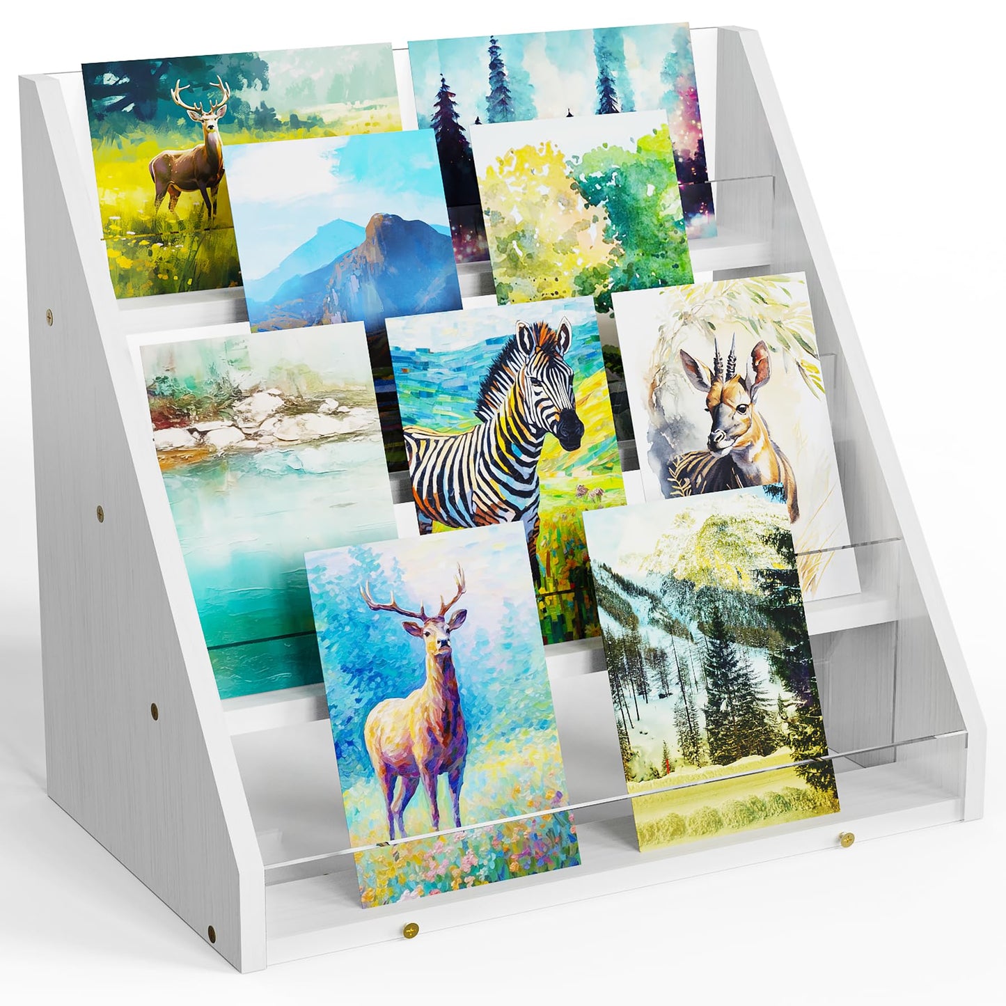 NiHome 4-Tier Bamboo & Acrylic Greeting Card Display Stand for Cards, Photos, Postcards - Stylish Showcase Organizer with High-Transparency Panels for Home, Wedding, Birthday Decor & Keepsakes (White)