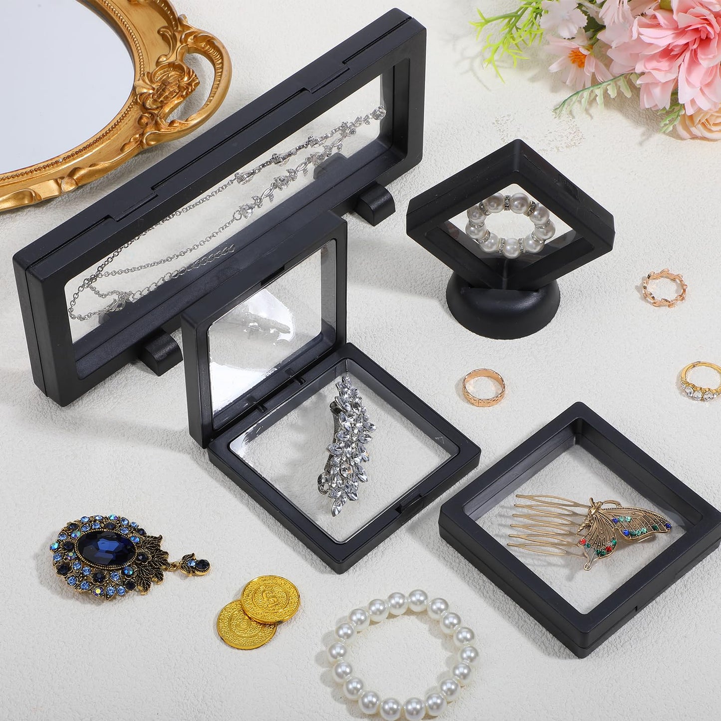 kenaeooe 30 Pcs Plastic 3D Floating Display Case, Transparent PE Frame Holder Stand With Base for Challenge Coins, Jewelry, Medallions and Specimens, Black