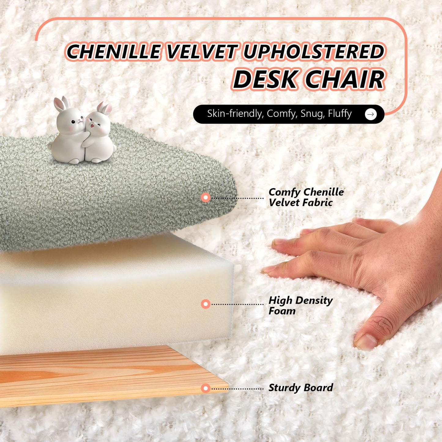 VINGLI Chenille Curved-Back Armless No Wheels Vanity Chair for Girls, Cute & Furry Upholstered Desk Chair with Solid Wood Legs for Study/Makeup/Bedroom/Dressing, Fluffy Makeup Chair for Teens, Green