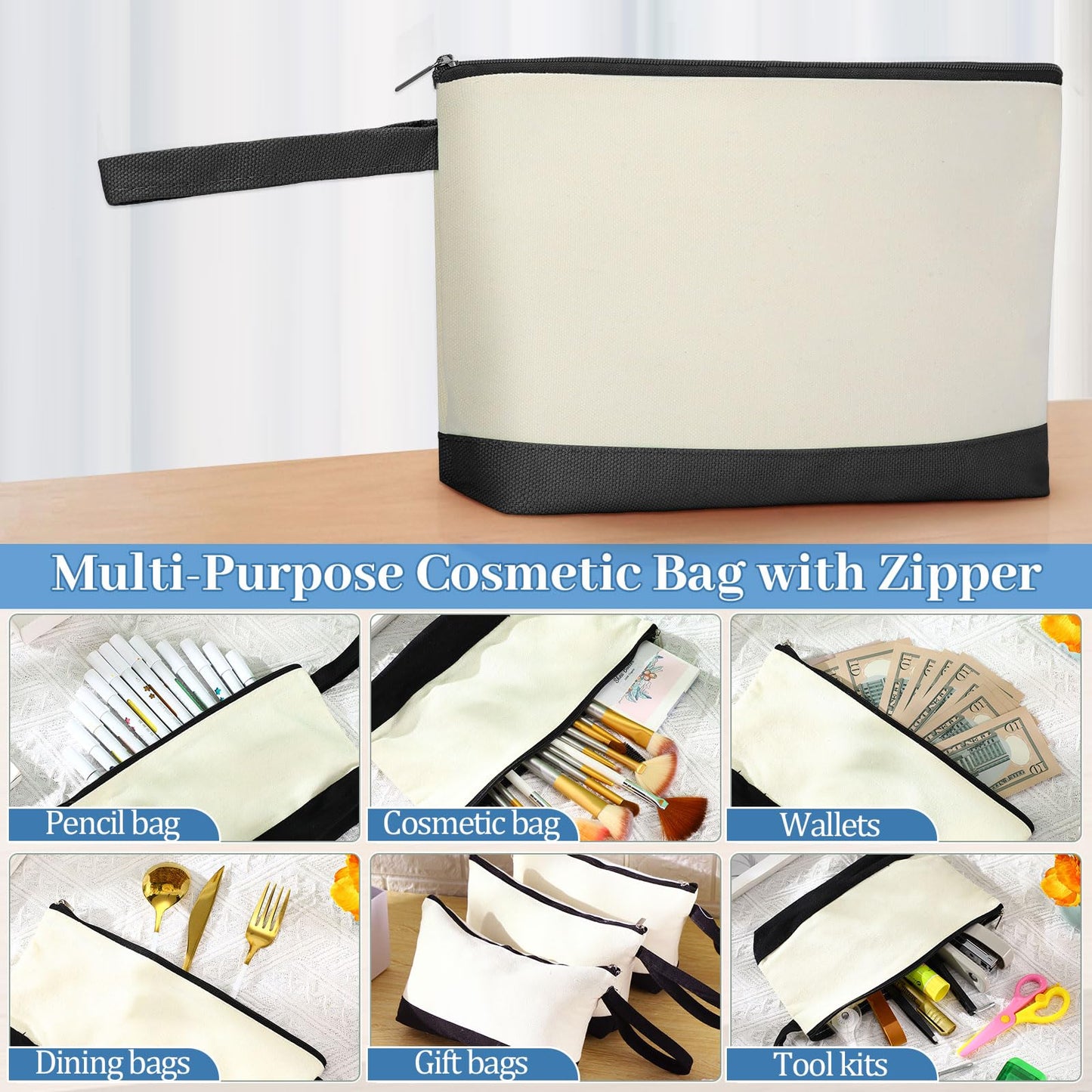 Silkfly 48 Pcs Cotton Canvas Makeup Bags Cosmetic Zipper Bags 10.2 x 5.5 x 2'' Blank DIY Pouch Bulk Pencil Case with Bottom Travel Toiletry Pouch for Women Craft Decor Gift (Beige and Black)