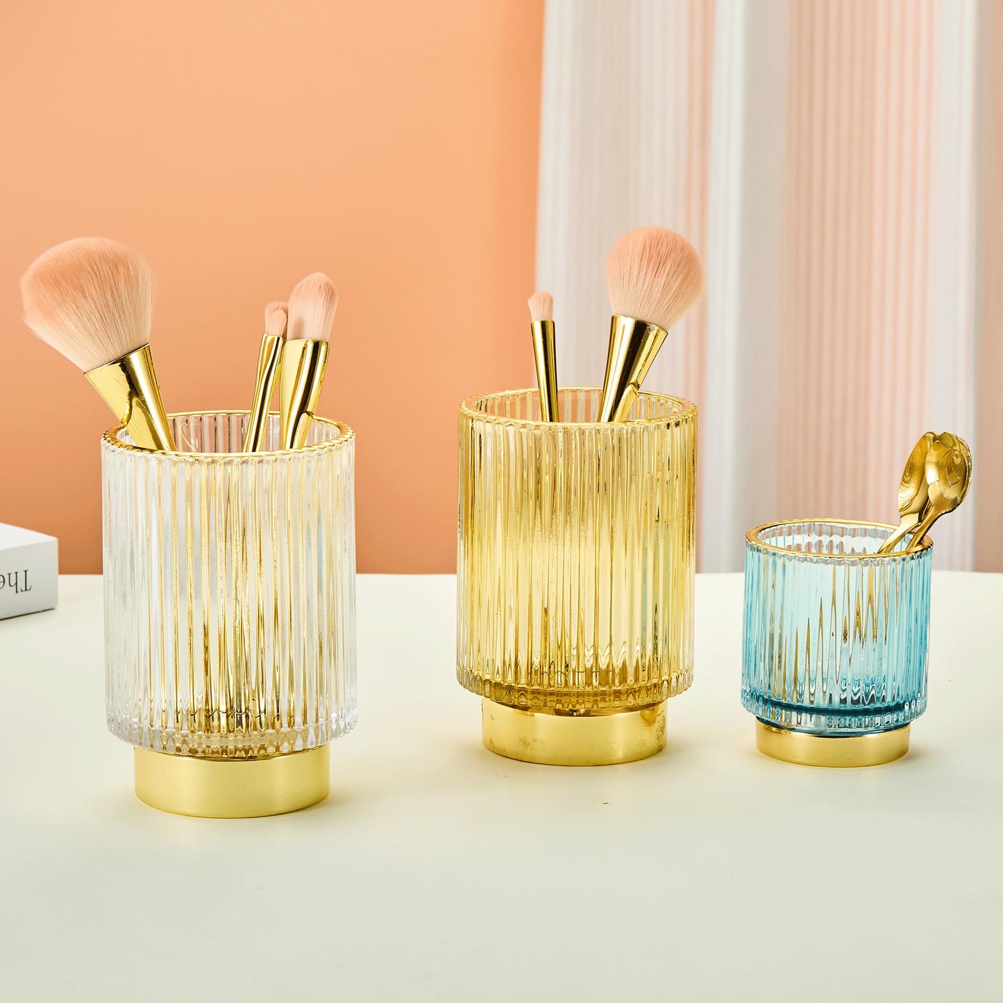 LEICURACE Makeup Brush Holder Organizer,Toothbrush Holders,Desk Pen Pencil Holder,Multifunctional Vintage Glass Brush Cup（L/White/A3-9-US）