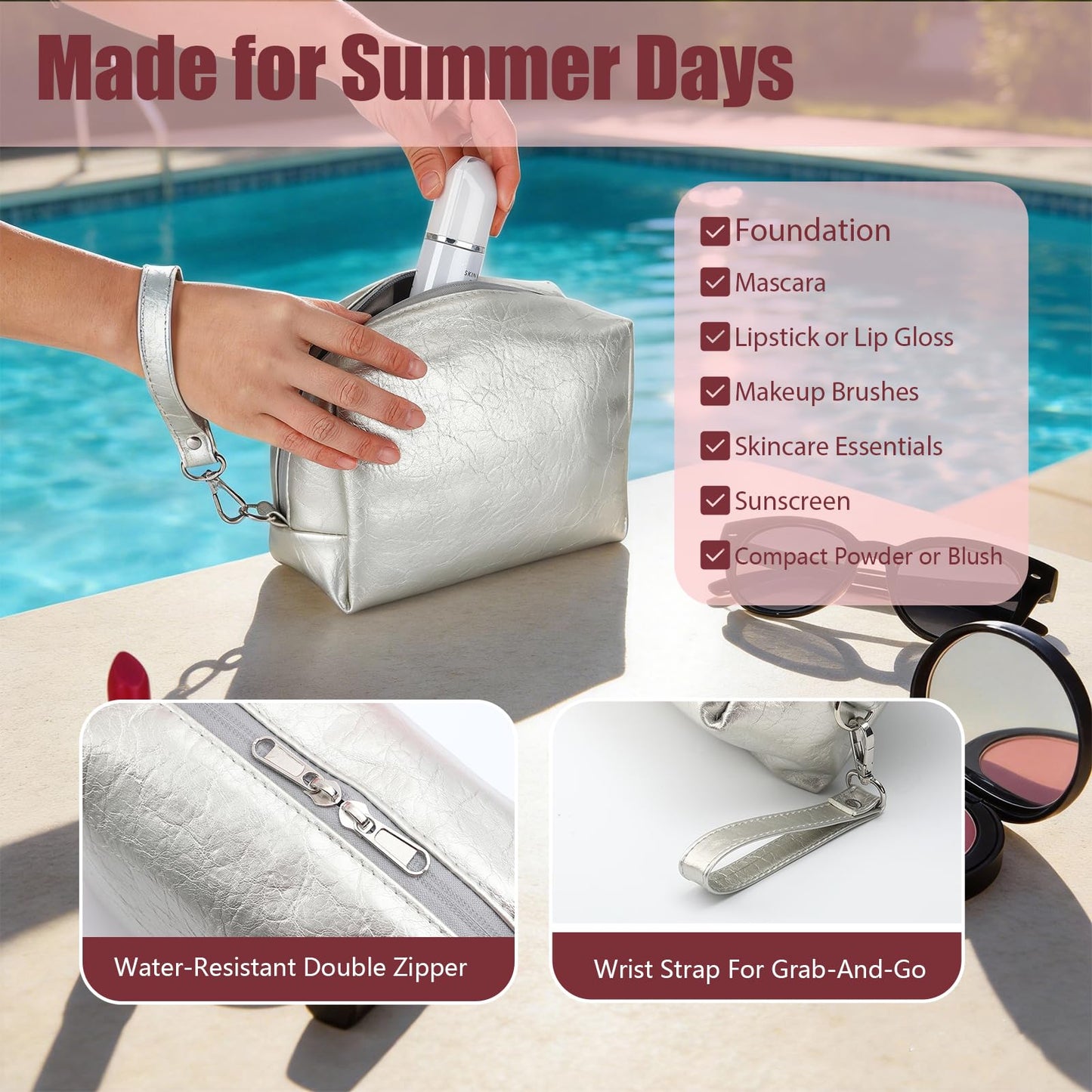 Babeezy Insulated Makeup Bag with 2 Reusable Ice Packs Heat-Resistant Cosmetic Travel Pouch, Silver Vegan Leather Organizer with Water-Resistant Double Zipper & Wrist Strap(Small: 7.5 x 4.0 x 5.0 in)