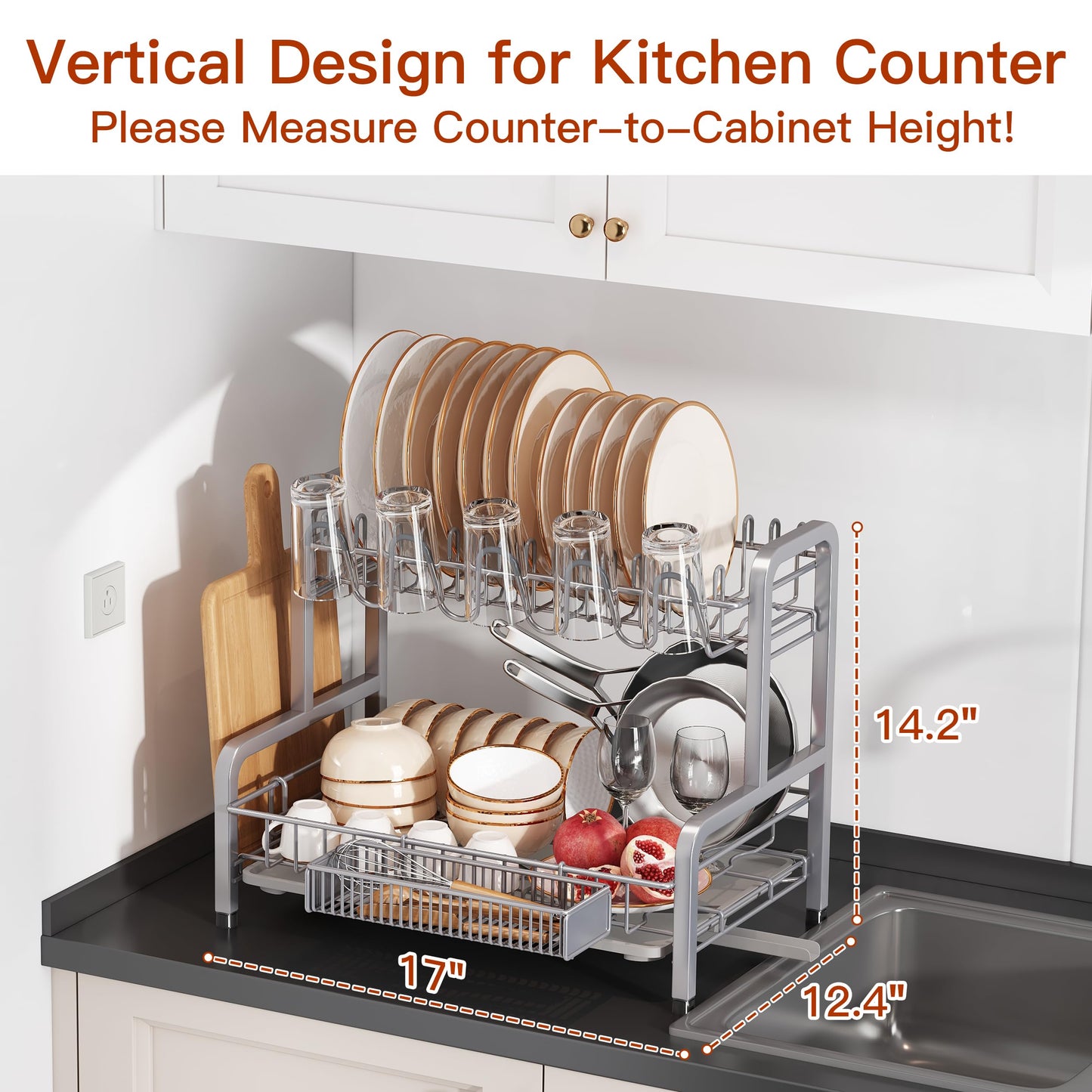 BOOSINY 2 Tier Dish Drainer Drying Rack for Kitchen Counter, Large Stainless Steel Dish Dryer with Drainboard, Big Rustproof Metal Space Saving Countertop Plate Strainer with Utensil Holder, Sliver