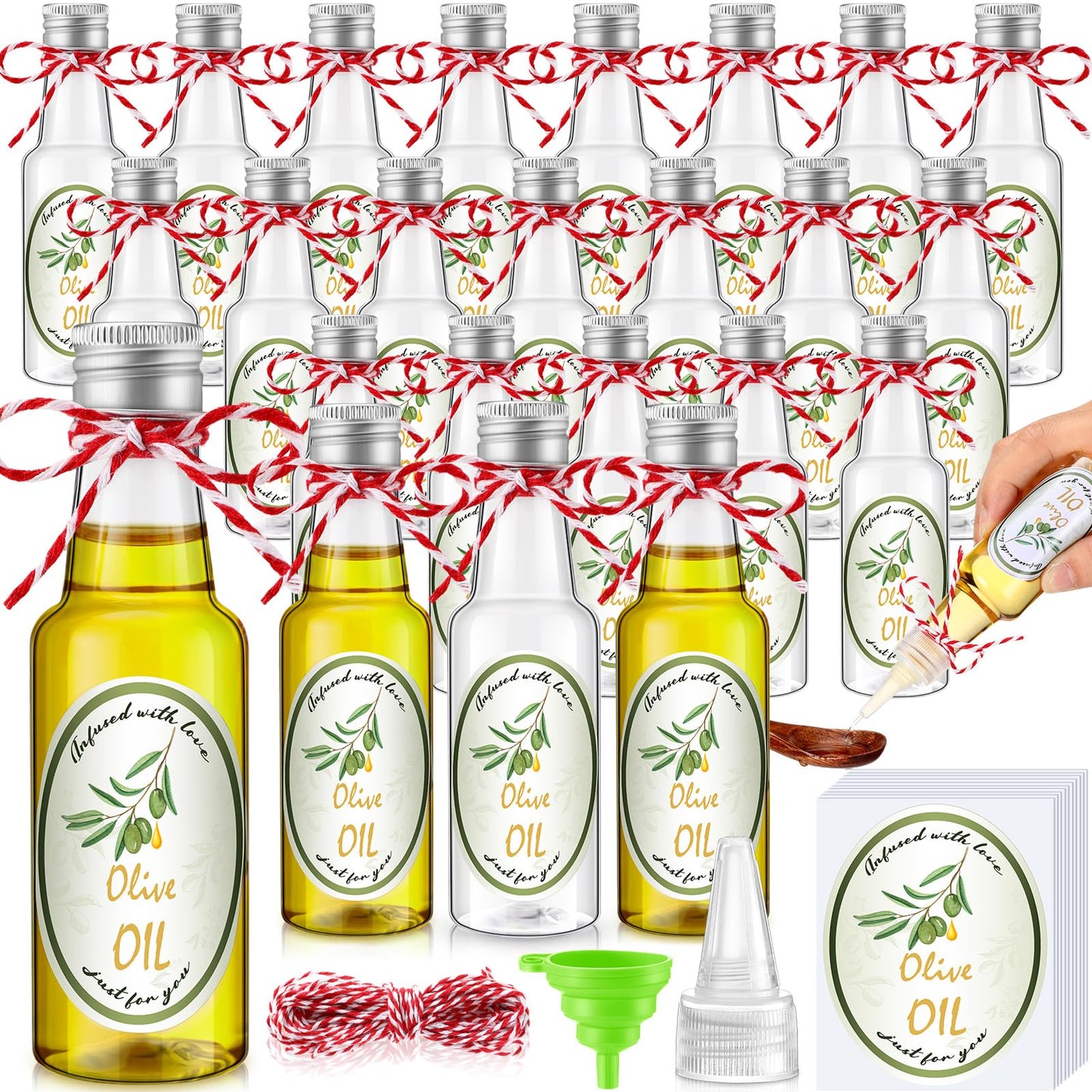 24 Set Mini Plastic Olive Oil Bottles 1. 7 oz Tiny Small Clear Empty Condiment Dispenser Bottles with Tip Cap, Pour Spout Lids and Labels for Milk Juice Sauce Storage for Baby Shower Party Favors