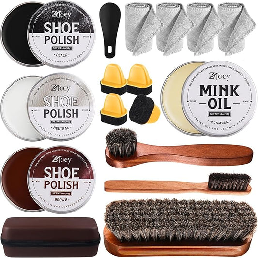 17Pcs Leather Shoe Polish Set Travel Boots Shine Care Kit Horsehair Brushes for Men Him Husband Dad (Style A)