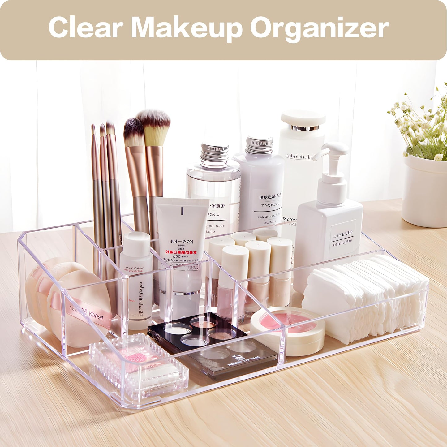 PeoTRIOL Clear Makeup Organizer, Makeup Brushes Storage Case, Cosmetic Display Case Tray, Tiered Skincare Organizer, Acrylic Lipstick Holder Countertop Desk Brush Organizer for Bedroom Vanity