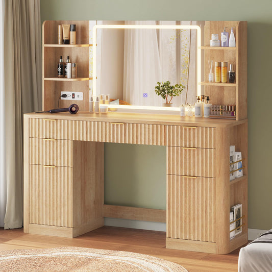 HAUOMS 51.2" Fluted Makeup Vanity Desk with Large 30.3" Mirror and Lights, 5 Drawer Vanity with Power Strip, 6 Open Shelves, 2 Cabinet，Modern Dressing Table with Solid Wood Legs for Bedroom, Oak